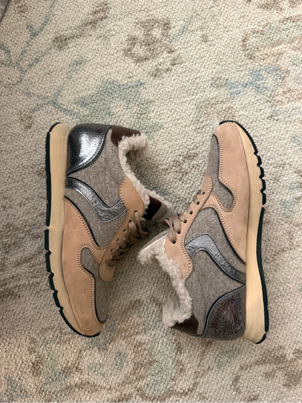 Voile Blanche Taupe, Gray and Silver Shearling-Lined Sneakers